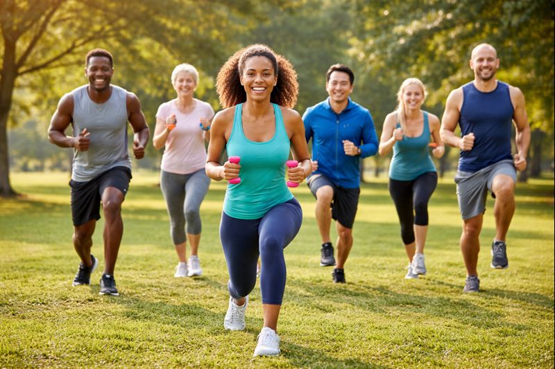 A diverse group of seven adults exercising outdoors in a sunlit park. In the foreground, a smiling African American woman in a turquoise tank top and navy leggings performs lunges while holding small pink dumbbells. Behind her, six other people of varying ages and ethnicities follow along, doing lunges and stretches, all smiling and enjoying the activity. The background shows green grass, trees, and sunlight filtering through the leaves, creating a lively and inviting atmosphere.
